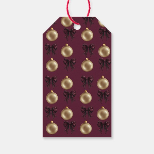 Luxury Burgundy & Gold Baubles & Bows Presentetikett (Framsidan)