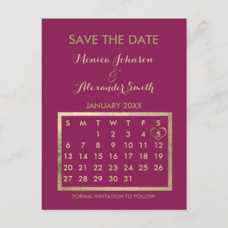 Luxury Burgundy Gold Calendar Save the Date Meddelande Vykort
