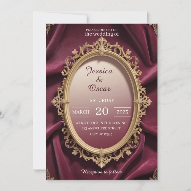 Luxury Burgundy & Guld Baroque Design Bröllop Inbjudningar (Framsida)