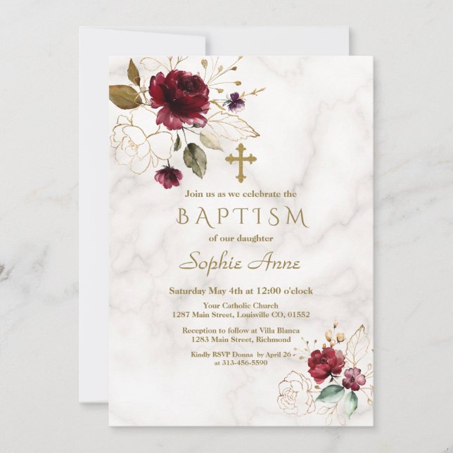Luxury Burgundy Guld Blommigt Kor Marble Baptism Inbjudningar (Framsida)