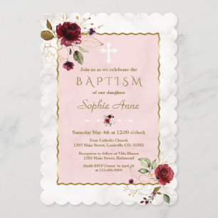Luxury Burgundy Guld Flowers Marble Baptism Inbjudningar