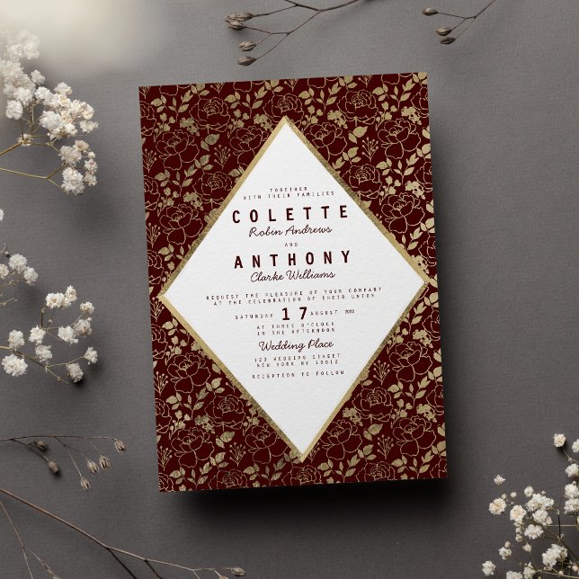 Luxury burgundy guld romantic blommigt bröllop inbjudningar (Luxury burgundy gold romantic floral wedding)