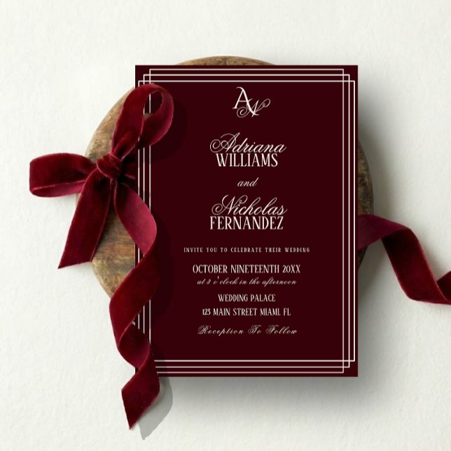 Luxury Burgundy Monogram Wedding Inbjudningar (Skapare uppladdad)