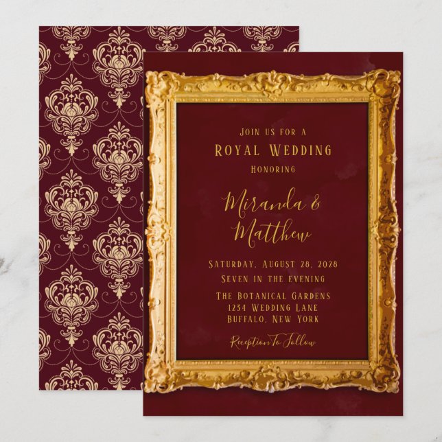 Luxury Burgundy och Guld Royal Bröllop Inbjudningar (Fram/baksida)