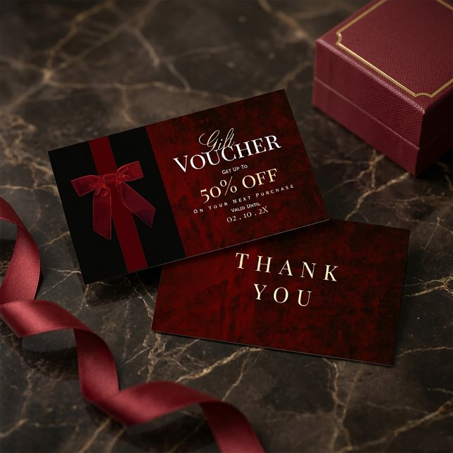 Luxury Burgundy Red Gift Voucher & Thank You Card  Visitkort (#LuxuryVoucher
#GiftVoucherDesign
#BurgundyAesthetic
#RedLuxuryCard
#ThankYouCardDesign
#Boutique)