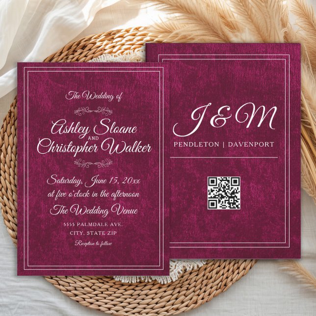 Luxury Burgundy Velvet White Monogram QR code Inbjudningar (Velvet burgundy script forward wedding invitation)