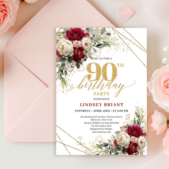 Luxury Burgundy White Roses Gold 90th Birthday  Inbjudningar (Luxury Burgundy White Roses Gold 90th Birthday Invite)