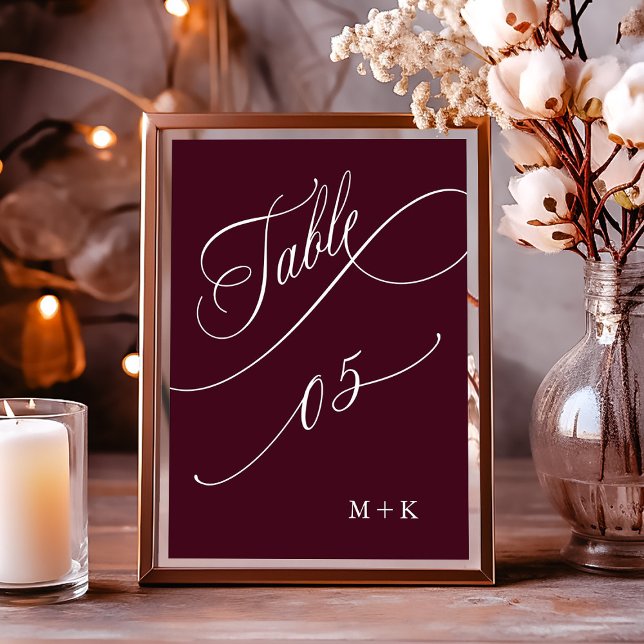 Luxury Calligraphy Burgundy Bröllop 5. Bordsnummer (Skapare uppladdad)