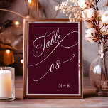 Luxury Calligraphy Burgundy Bröllop nummer 8. Bordsnummer<br><div class="desc">Bord 8. Kontrollera alla tillgängliga nummer. | bordsnummer mellan lyx och elegant med bröllop och initialer. Om du vill ha en mer avancerad anpassning av den här designen klickar du på BLUE DESIGN VERKTYG ovan!</div>