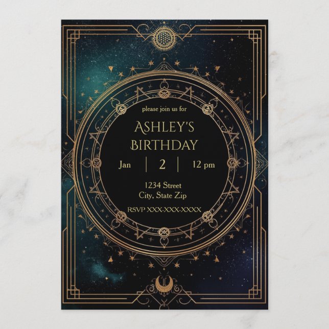 Luxury Celestial Birthday Invitation – Midnight Inbjudningar (Framsida)