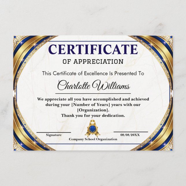 Luxury Certificate of Appreciation Award Template Tilläggskort (Framsida)