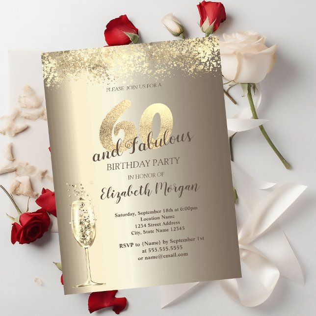 Luxury Champagne Glass Guld Confetti 60:e födelsed Inbjudningar (Skapare uppladdad)
