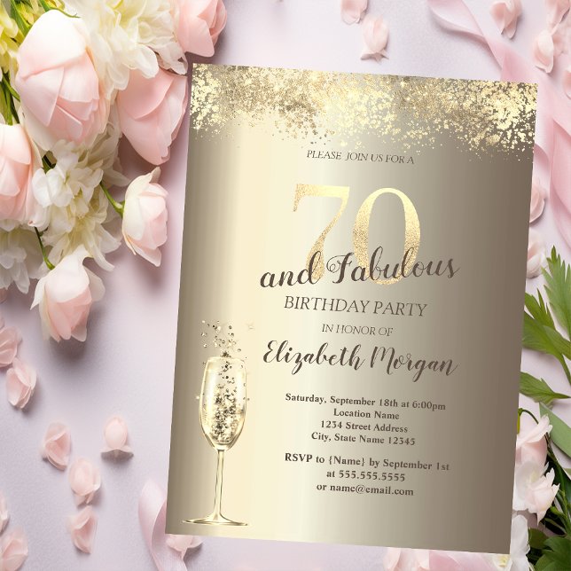 Luxury Champagne Glass Guld Confetti 70:e födelsed Inbjudningar (Skapare uppladdad)