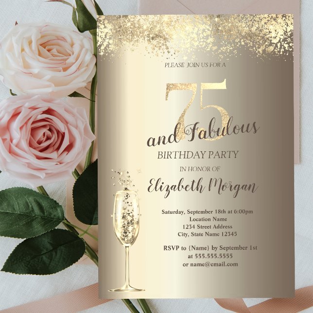 Luxury Champagne Glass Guld Confetti 75:e Birthday Inbjudningar (Skapare uppladdad)