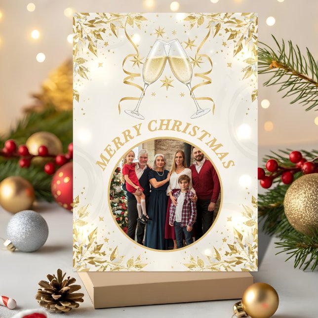 Luxury Champagne & Gold Family Christmas Photo Julkort (Skapare uppladdad)