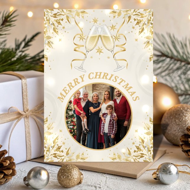 Luxury Champagne & White Family Christmas Photo Julkort (Skapare uppladdad)