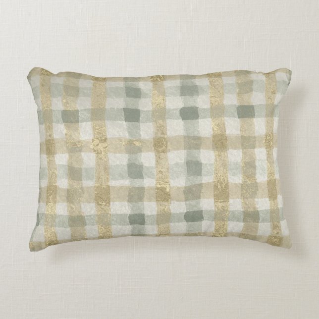 Luxury Checked, Gold Grey Beigi Pattern Prydnadskudde (Framsidan)