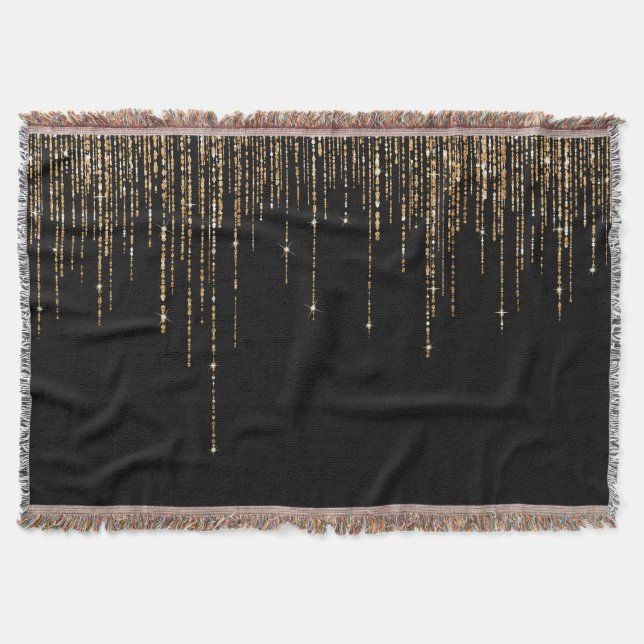 Luxury Chic Black Guld Sparkly Glitter Fringe Filt (Framsidan)