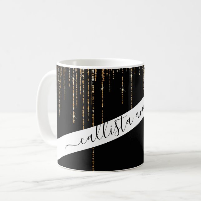 Luxury Chic Black Guld Sparkly Glitter Fringe Kaffemugg (Framsida vänster)