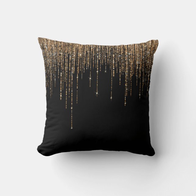 Luxury Chic Black Guld Sparkly Glitter Fringe Kudde (Framsida)