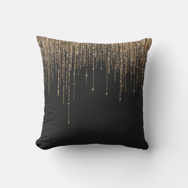 Luxury Chic Black Guld Sparkly Glitter Fringe Kudde (Framsida)