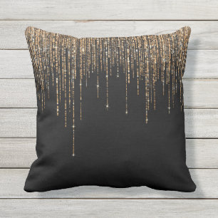 Luxury Chic Black Guld Sparkly Glitter Fringe Kudde