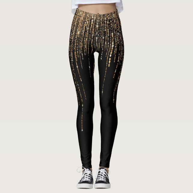 Luxury Chic Black Guld Sparkly Glitter Fringe Leggings (Framsida)