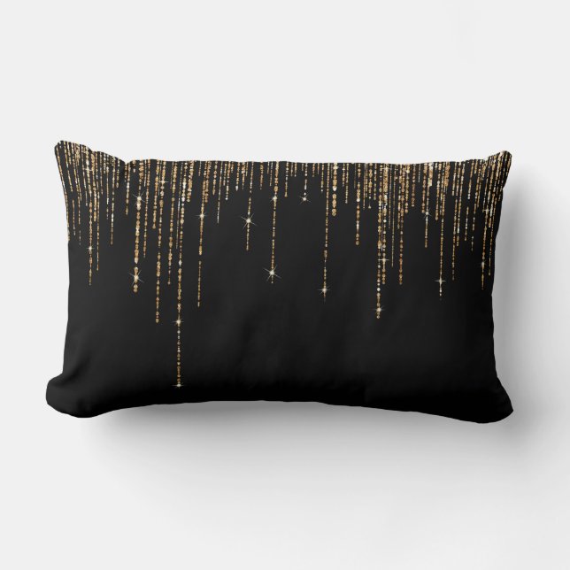 Luxury Chic Black Guld Sparkly Glitter Fringe Lumbarkudde (Framsida)