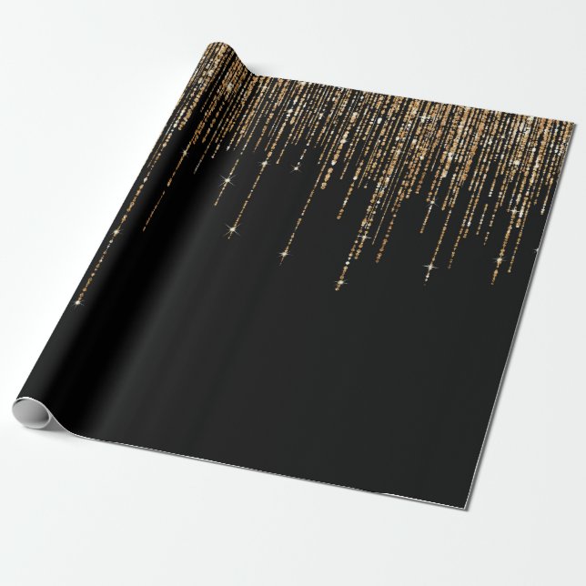 Luxury Chic Black Guld Sparkly Glitter Fringe Presentpapper (Utrullad)