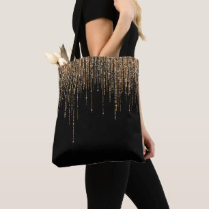 Luxury Chic Black Guld Sparkly Glitter Fringe Tygkasse