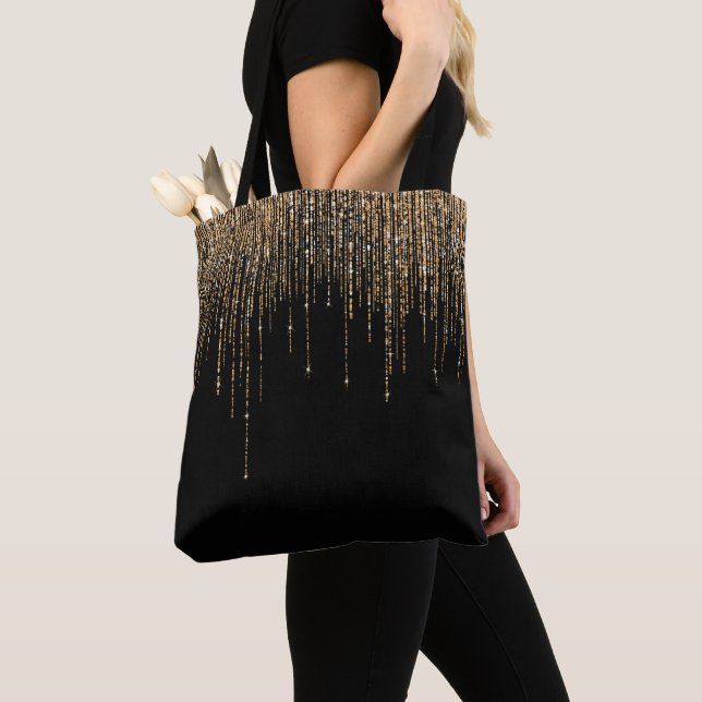 Luxury Chic Black Guld Sparkly Glitter Fringe Tygkasse (Närbild)