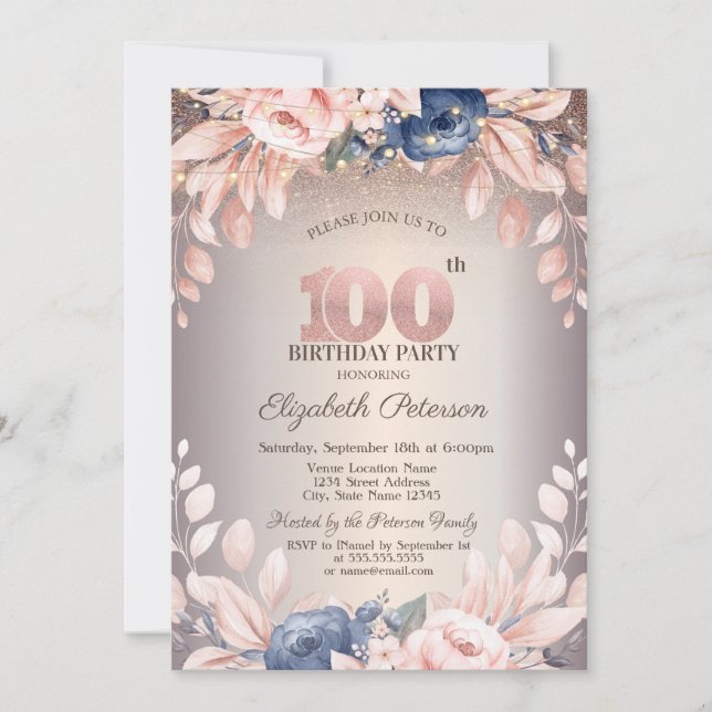 Luxury Chic Blommigt,String Ljus 100th Birthday Inbjudningar (Framsida)