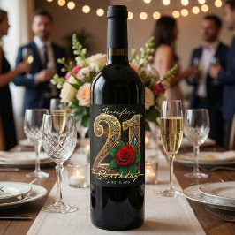 Luxury Chic Red Rose Gold Filigree 21st Birthday Vinflaska Etikett