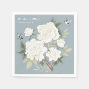 Luxury Chinoiserie Dusty Blue Ivory Blommigt Bröll Pappersservett