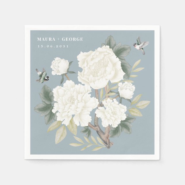 Luxury Chinoiserie Dusty Blue Ivory Blommigt Bröll Pappersservett (Framsidan)