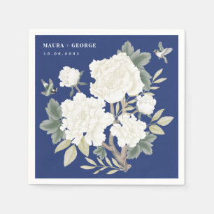 Luxury Chinoiserie Navy Blue Ivory Blommigt Bröllo Pappersservett