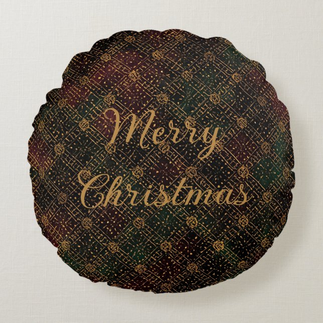 Luxury, Christmas Pattern, Gold Merry Christmas Rund Kudde (Framsidan)