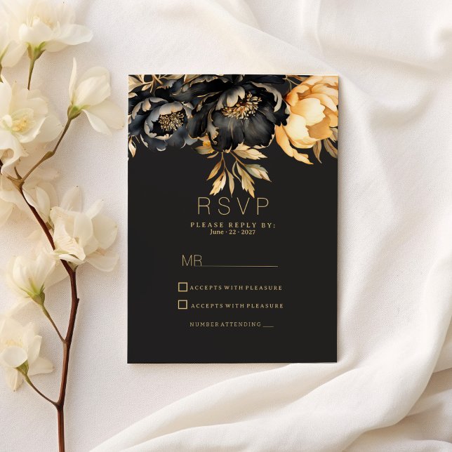 Luxury classy black gold peony floral RSVP Inbjudningar (Luxury classy black gold peony floral RSVP )