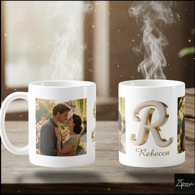 Luxury Cursive Gold White Initial  R + 2 PHOTO Kaffemugg (Skapare uppladdad)