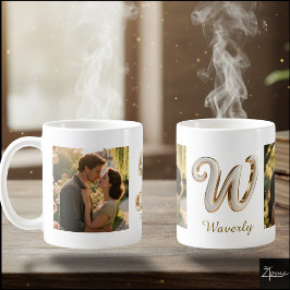 Luxury Cursive Gold White Initial W + 2 PHOTO Kaffemugg