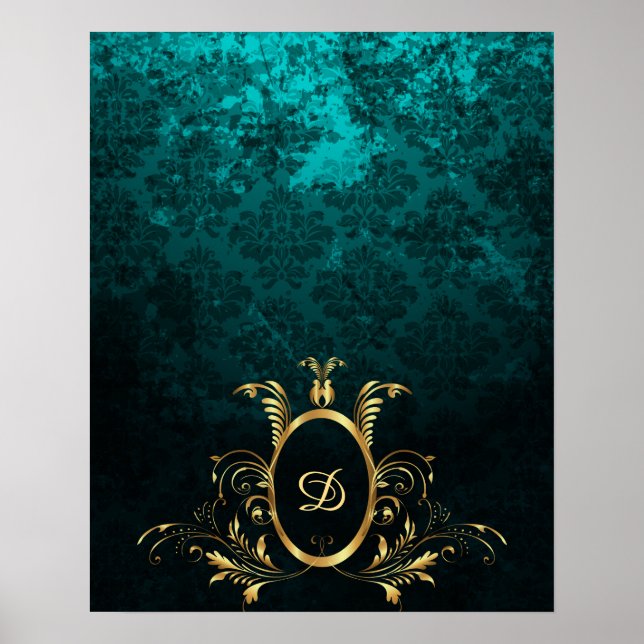 Luxury Damask guld Ram monogram Poster (Framsidan)