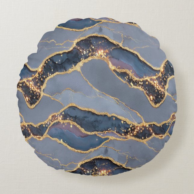 Luxury Dark Gray Marble Texture with Gold Veins Rund Kudde (Framsidan)