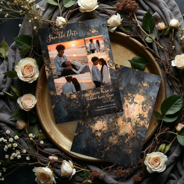 Luxury Dark Grey Gold Wedding 4 Photo Collage Spara Datumet (Sophisticated Wedding Charcoal Black Gold Effect Abstract Texture 4 Photo Collage.)