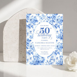 Luxury Deep Blue Toile Roses 50th Birthday Invite Inbjudningar