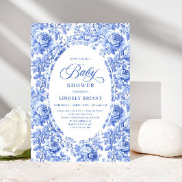 Luxury Deep Blue Toile Roses Baby Shower Invites Inbjudningar