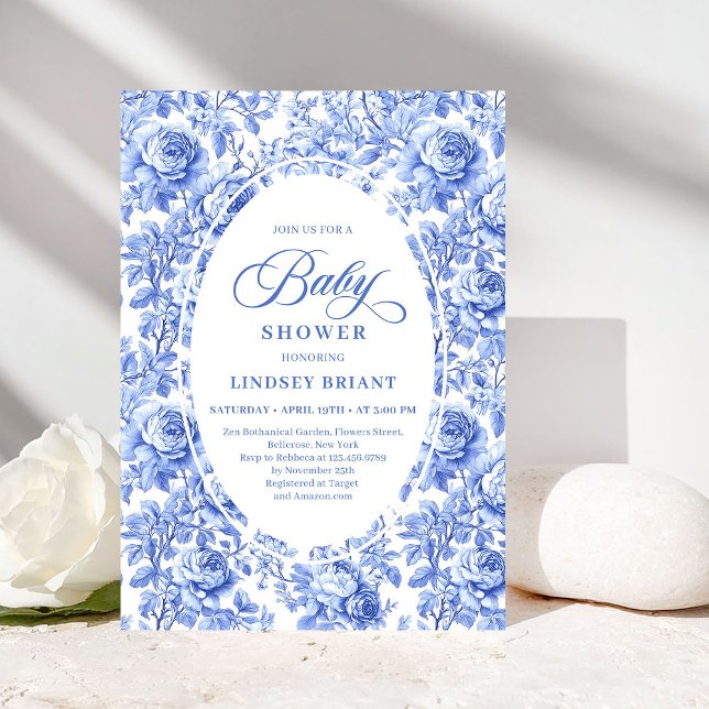 Luxury Deep Blue Toile Roses Baby Shower Invites Inbjudningar (Luxury Deep Blue Toile Roses Baby Shower Invitation)