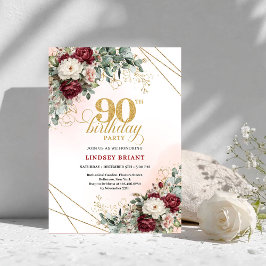 Luxury Deep Red Floral Gold 90th Birthday Invite Inbjudningar