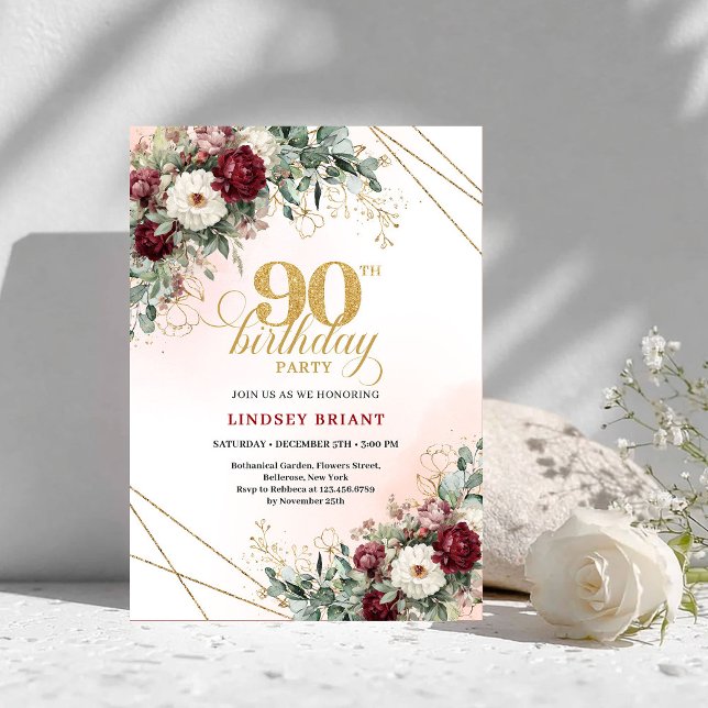 Luxury Deep Red Floral Gold 90th Birthday Invite Inbjudningar (Luxury Deep Red Floral Gold 90th Birthday Invitation)