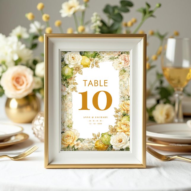 Luxury Delicate Mediterranean Lemons & Flowers  Bordsnummer (Luxury Delicate Mediterranean Lemons & Flowers Frame Table Number Cards with Digital Glitter Effect.)