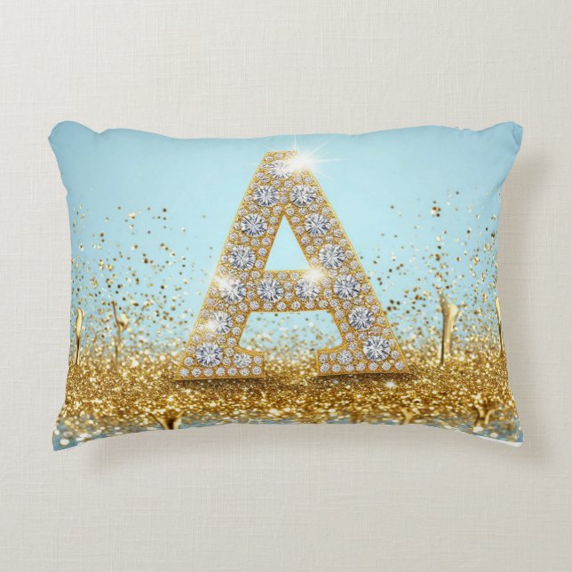 Luxury Diamond Letter A on Gold Glitter Background Prydnadskudde (Framsidan)